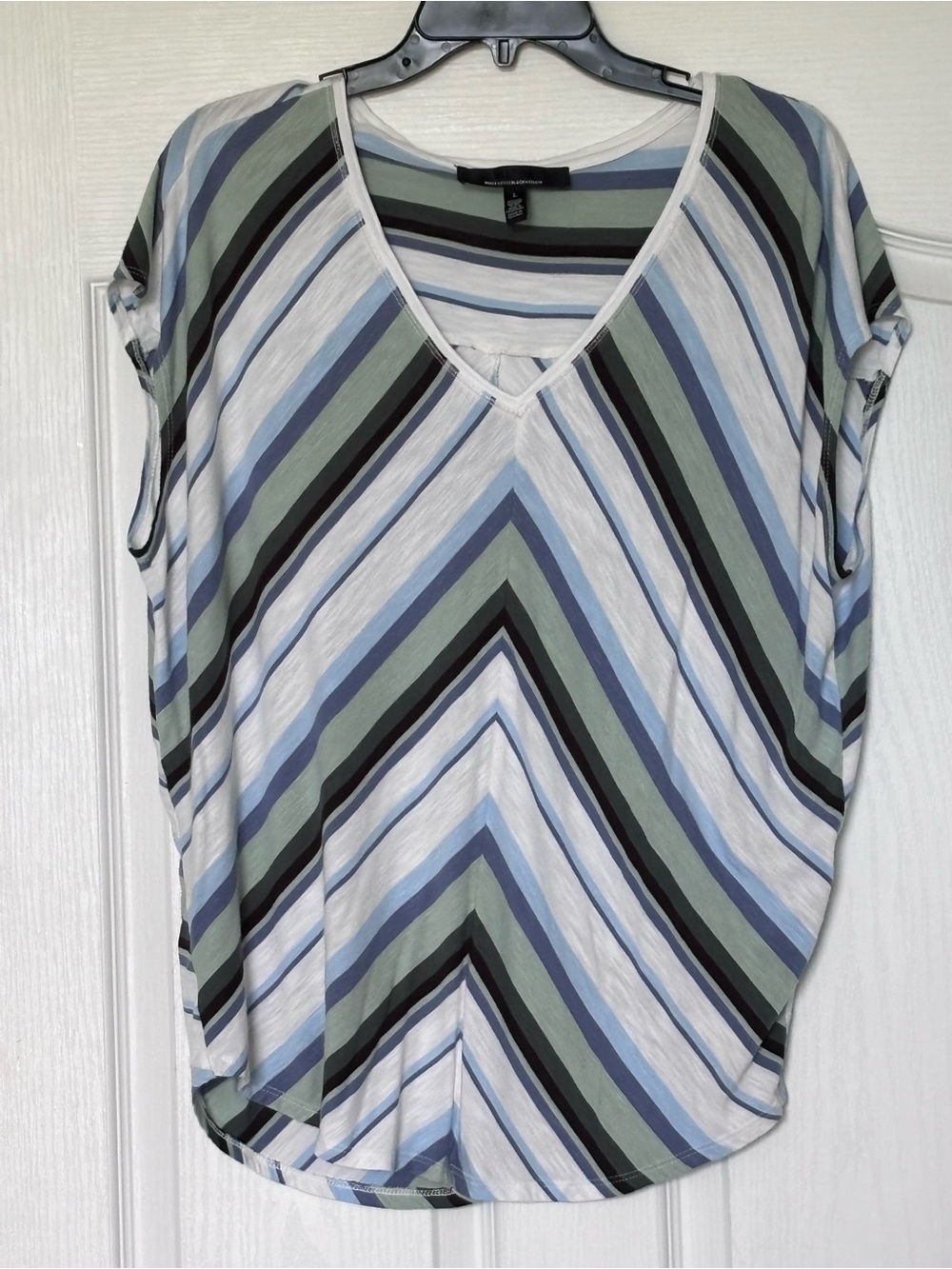White House Black Market Striped V-Neck Tunic in Blue, Green and Black
